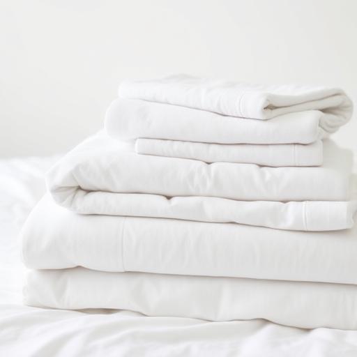 Folded white bed linens and towels